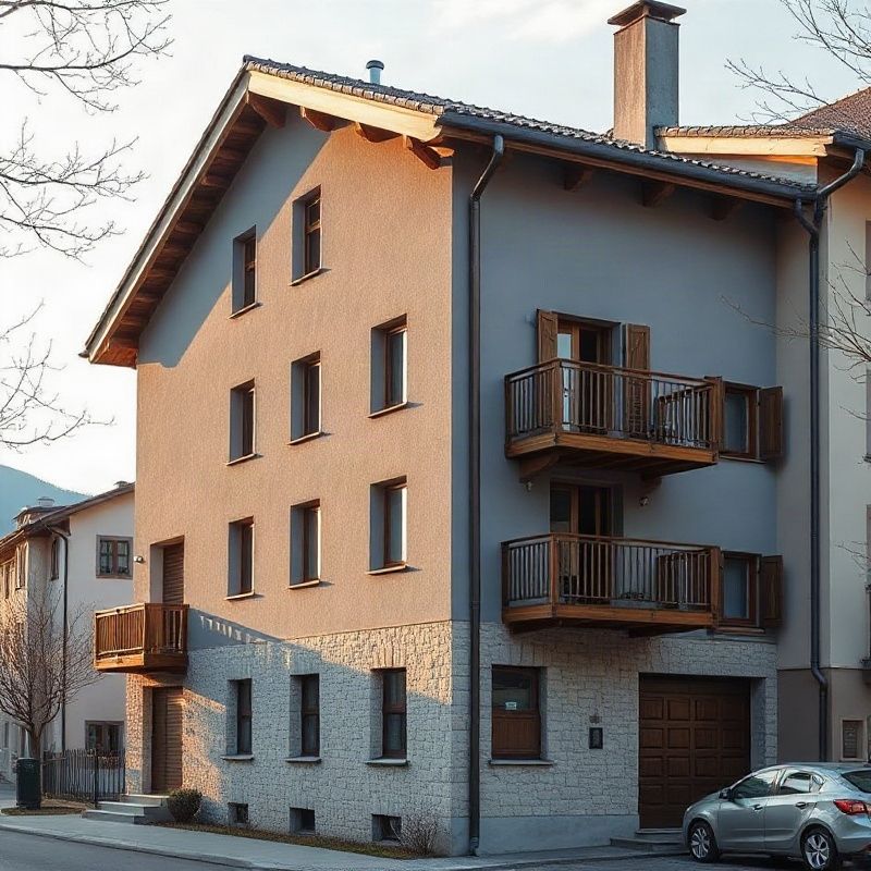 Zunanjost ljubljanske stanovanjske stavbe v jutranji svetlobi